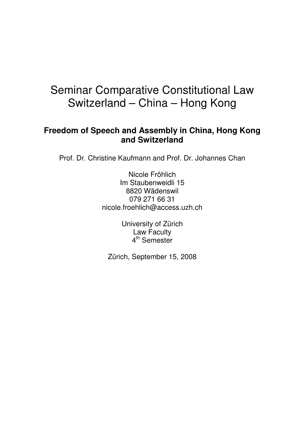 Seminar Comparative Constitutional Law Switzerland – China – Hong Kong