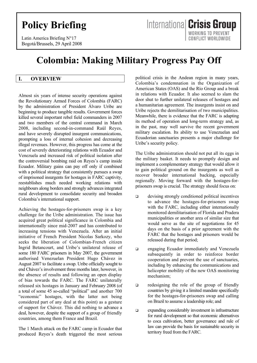 Colombia: Making Military Progress Pay Off