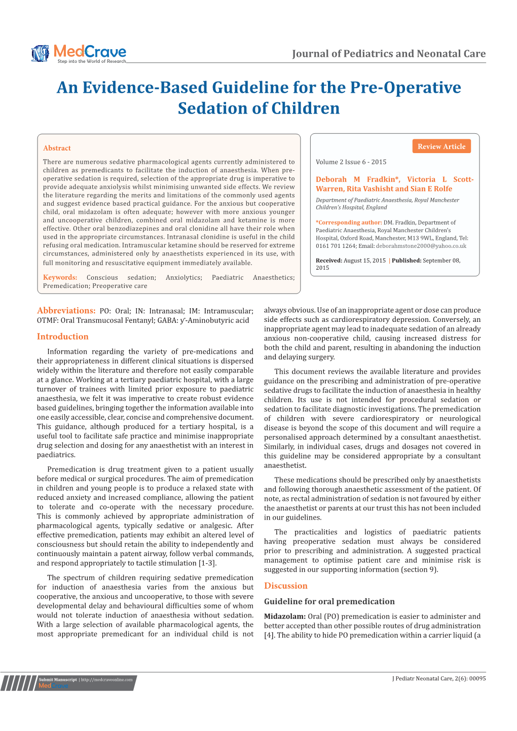 An Evidence-Based Guideline for the Pre-Operative Sedation of Children