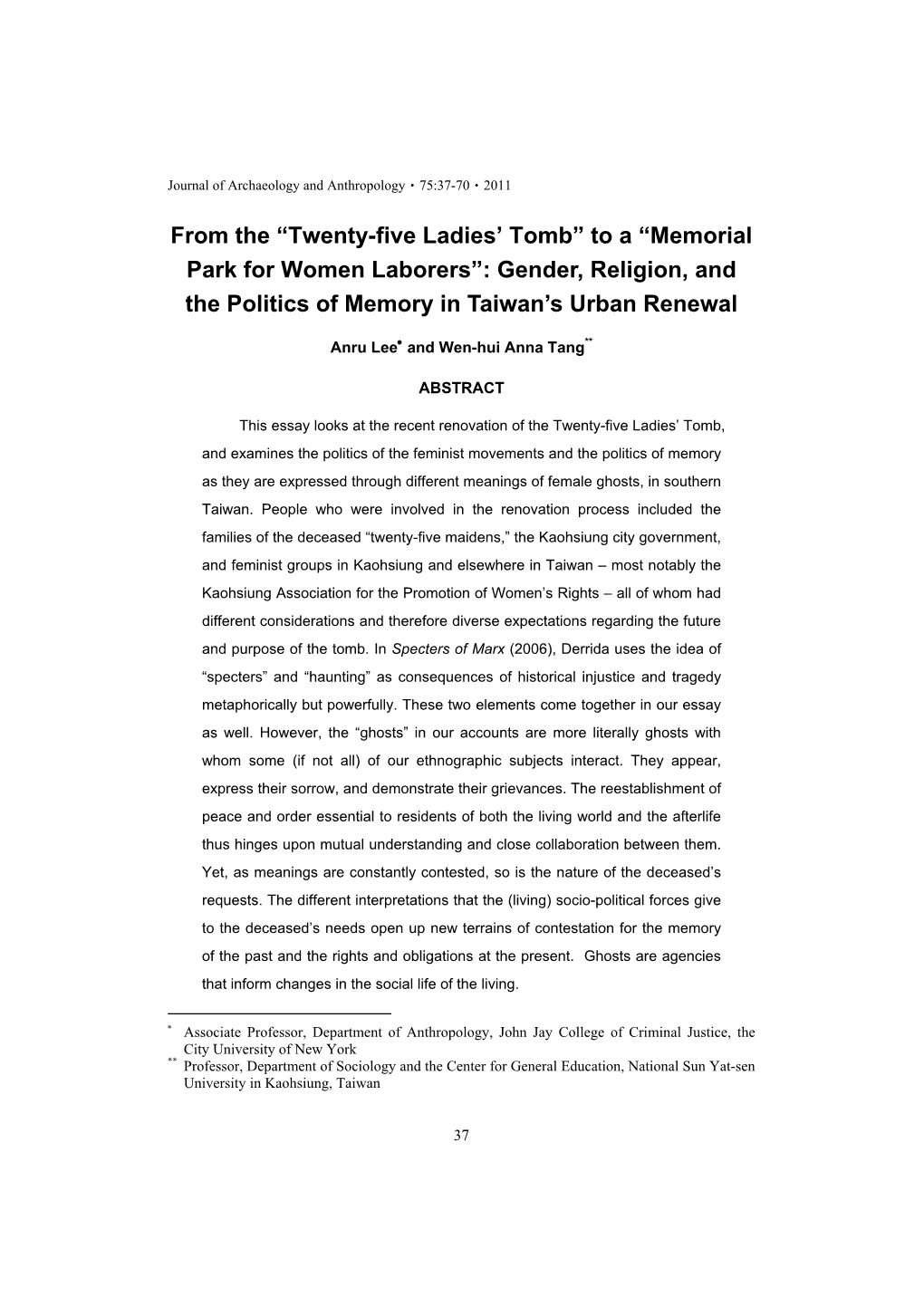 Memorial Park for Women Laborers”: Gender, Religion, and the Politics of Memory in Taiwan’S Urban Renewal