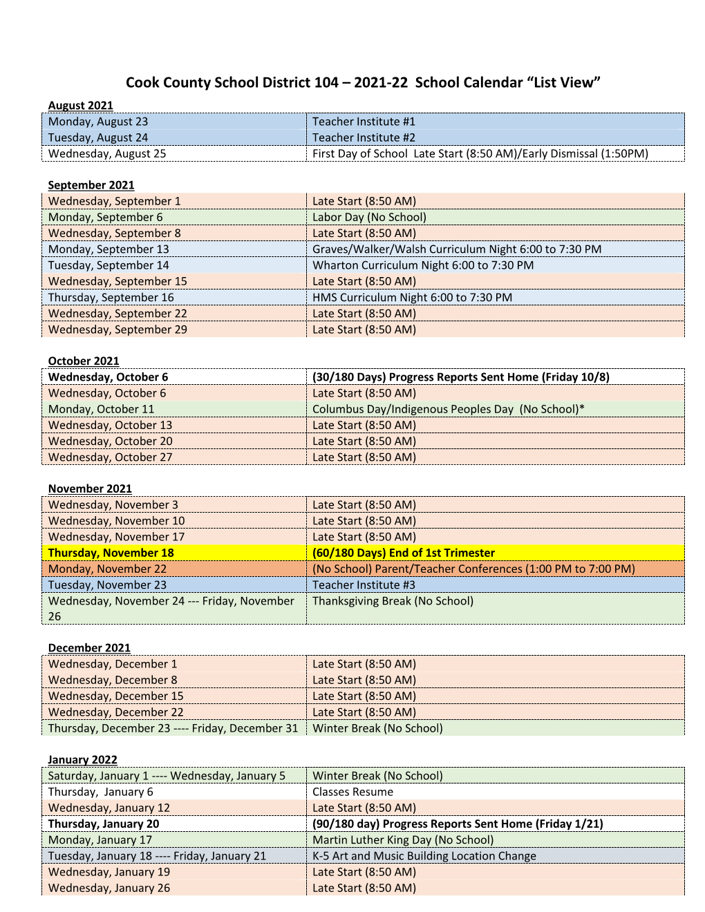 Cook County School District 104 – 2021-22 School Calendar