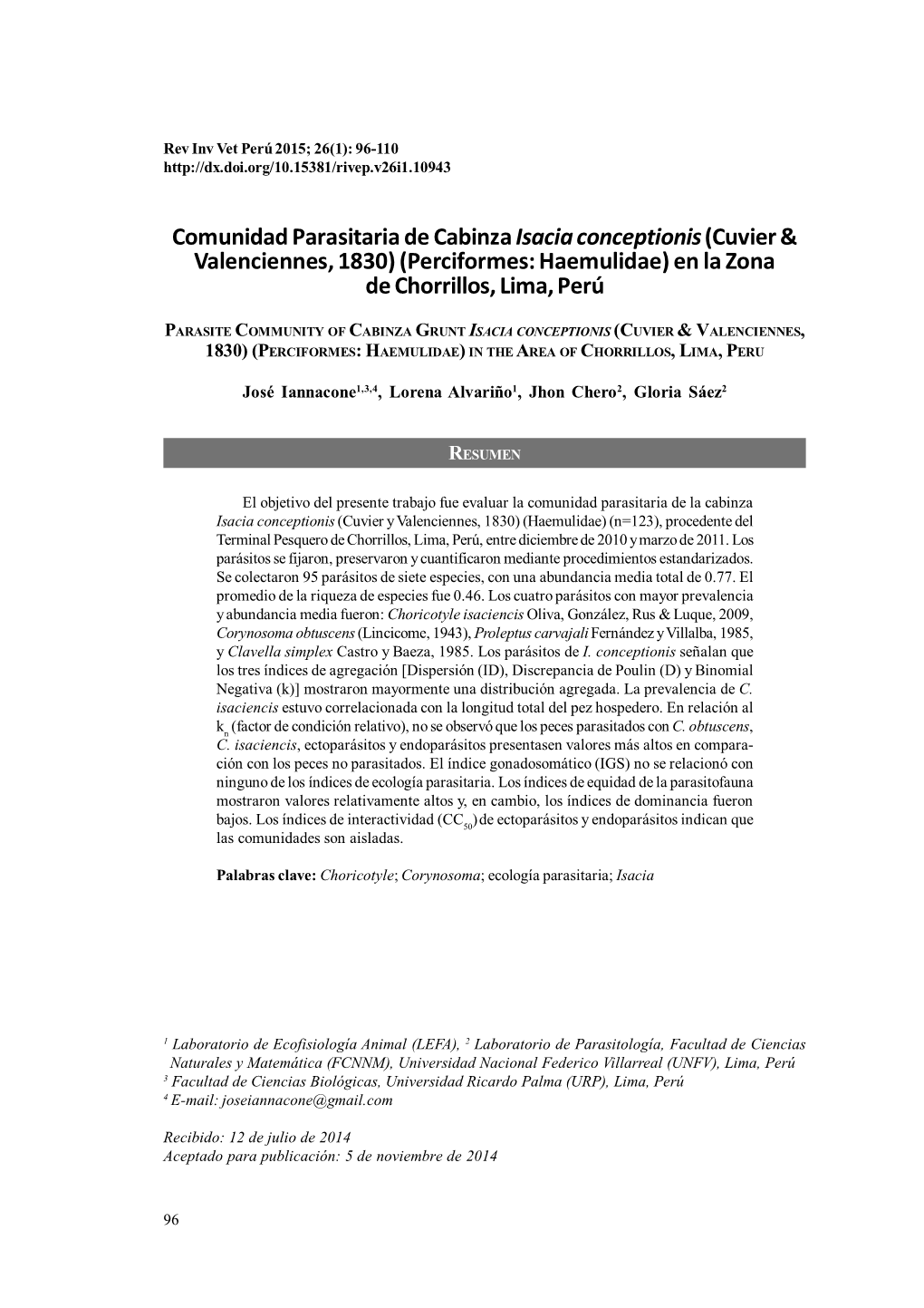 Comunidad Parasitaria De Cabinza Isacia Conceptionis(Cuvier