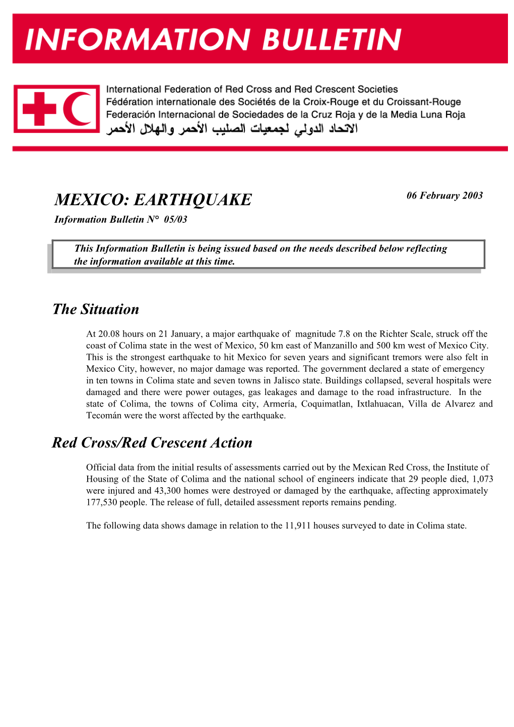 MEXICO: EARTHQUAKE 06 February 2003 Information Bulletin N° 05/03