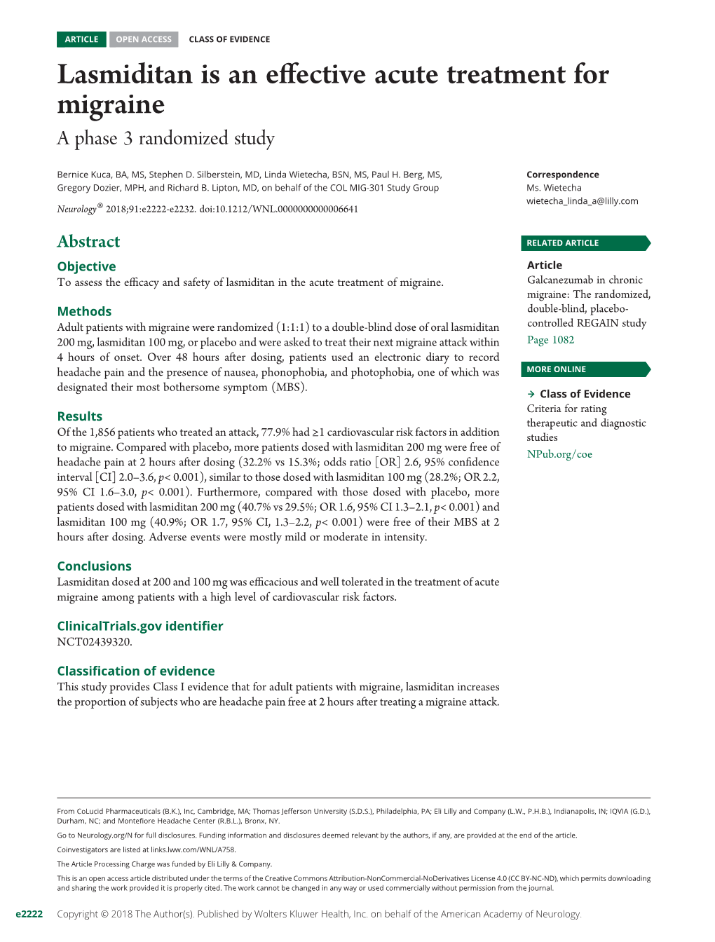 Lasmiditan Is an Effective Acute Treatment for Migraine: a Phase 3 Randomized Study Bernice Kuca, Stephen D