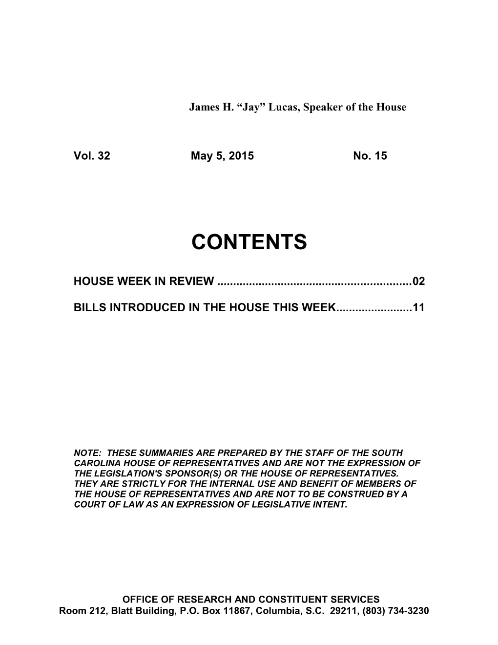 Legislative Update - Vol. 32 No. 15 May 5, 2015 - South Carolina Legislature Online
