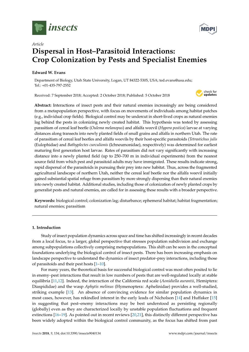 Crop Colonization by Pests and Specialist Enemies