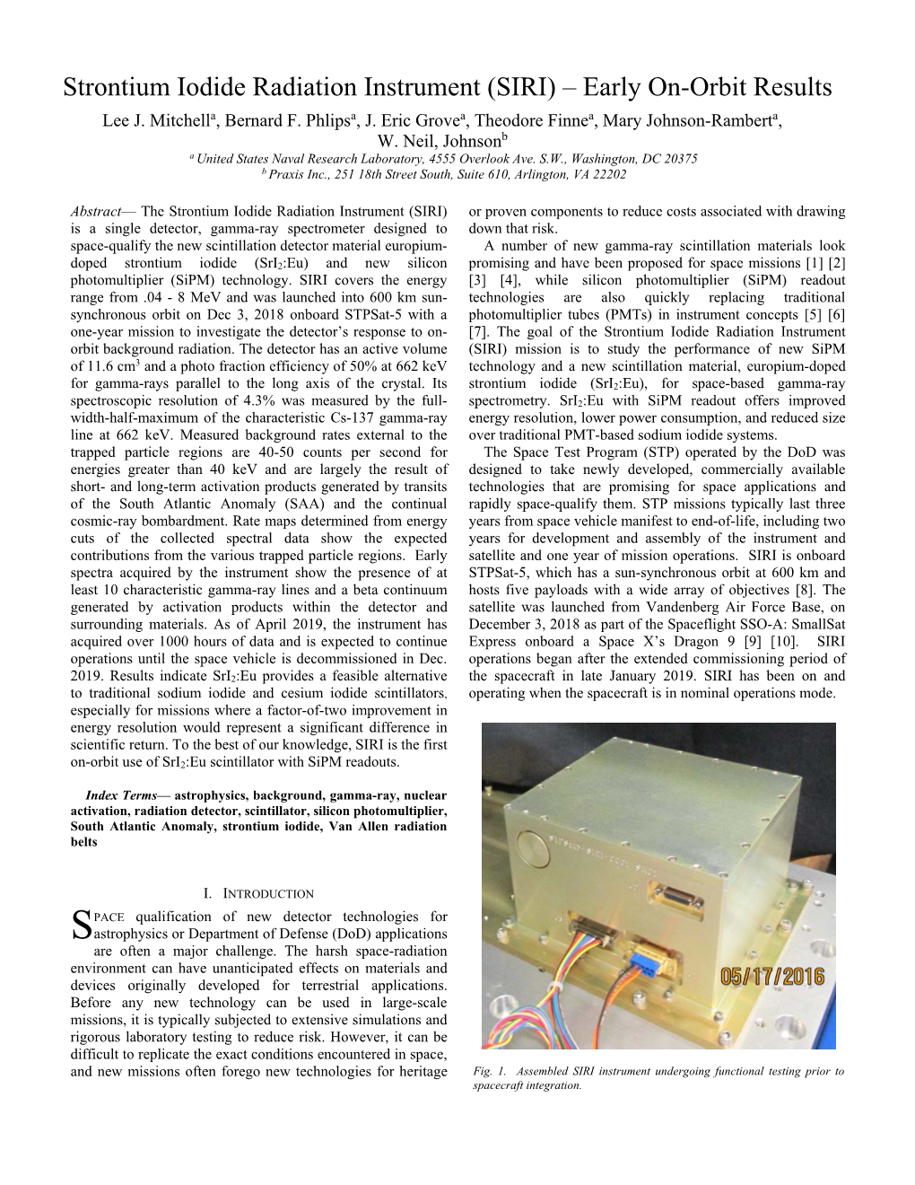 Strontium Iodide Radiation Instrument (SIRI) – Early On-Orbit Results Lee J