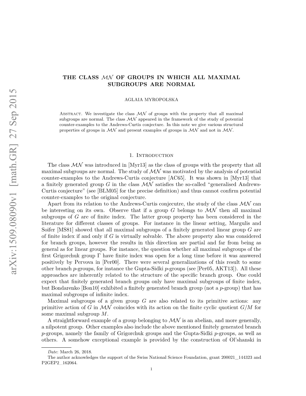 Arxiv:1509.08090V1 [Math.GR]