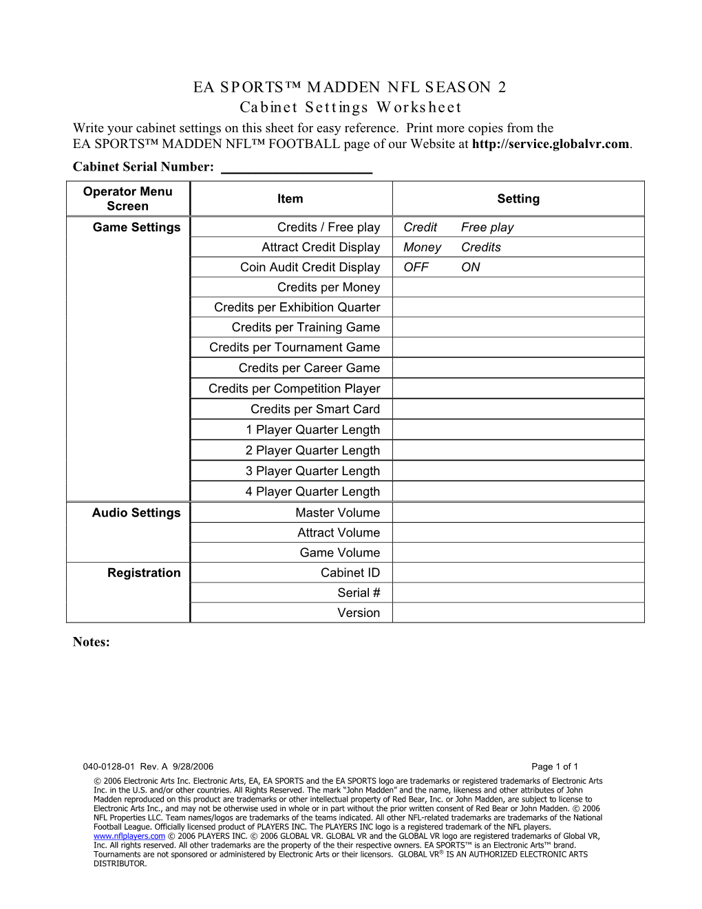 EA SPORTS™ MADDEN NFL™ FOOTBALL Cabinet Settings