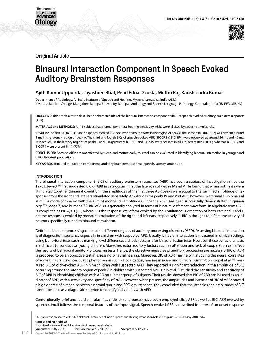 Binaural Interaction Component in Speech Evoked Auditory Brainstem Responses