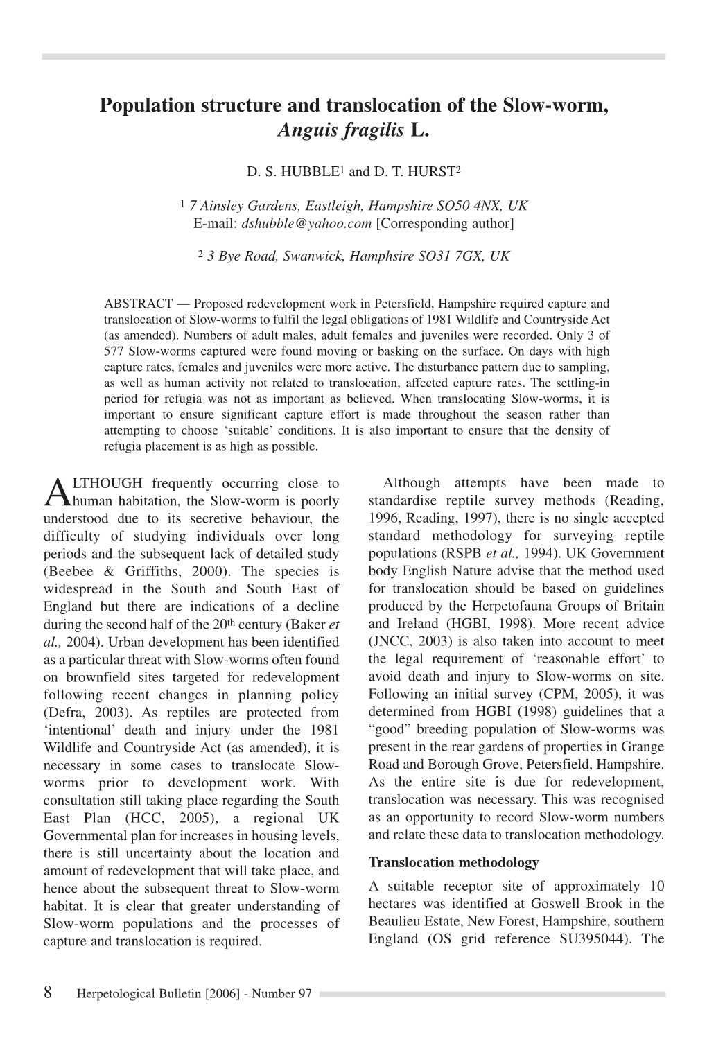 Population Structure and Translocation of the Slow-Worm, Anguis Fragilis L