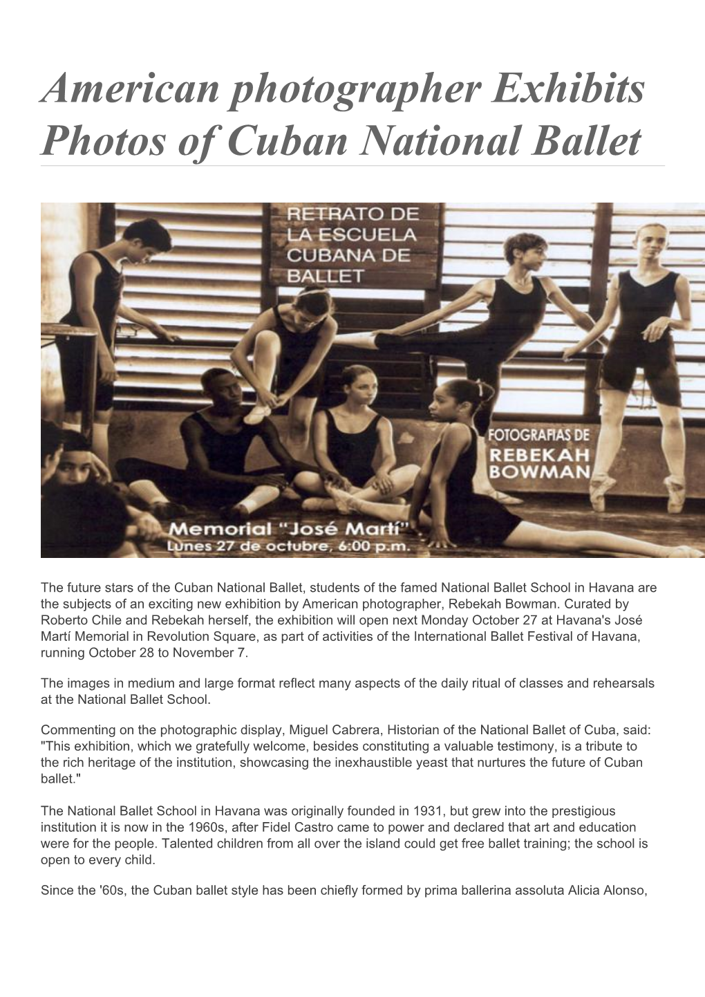 American Photographer Exhibits Photos of Cuban National Ballet