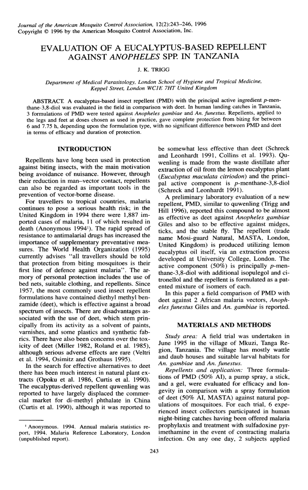 Evaluation of a Eucalyptus-Based Repellent Against Anopheles Spp. in Tanzania