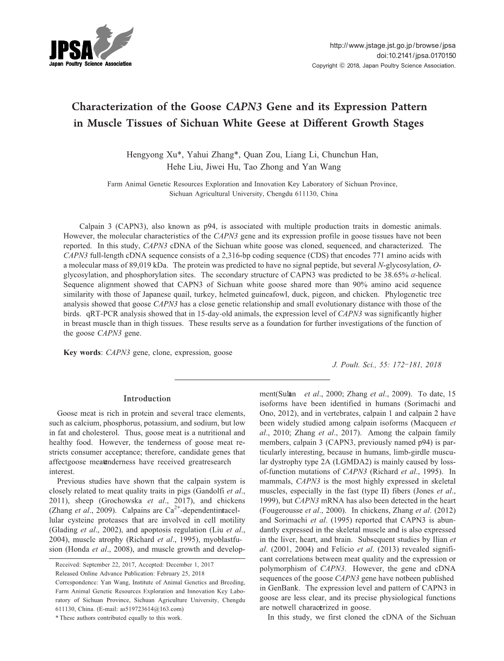 Characterization of the Goose CAPN3 Gene and Its Expression Pattern in Muscle Tissues of Sichuan White Geese at Different Growth Stages