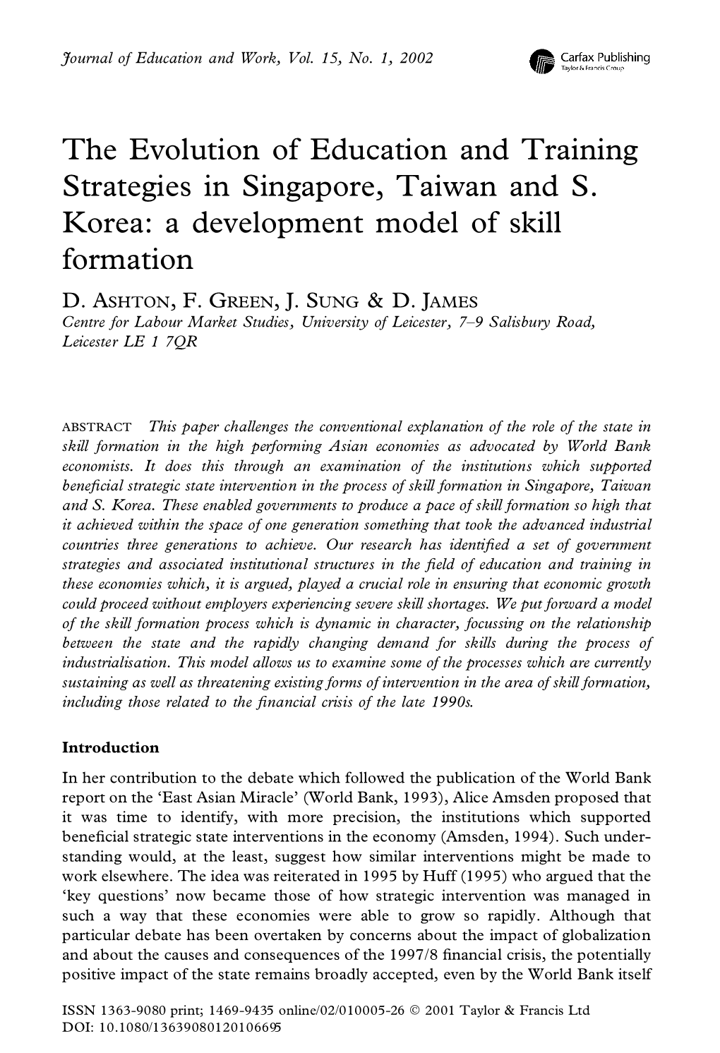 The Evolution of Education and Training Strategies in Singapore, Taiwan and S
