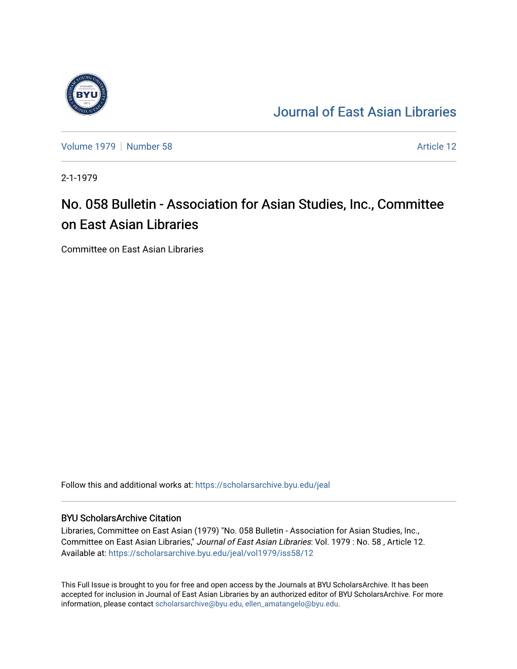 Association for Asian Studies, Inc., Committee on East Asian Libraries