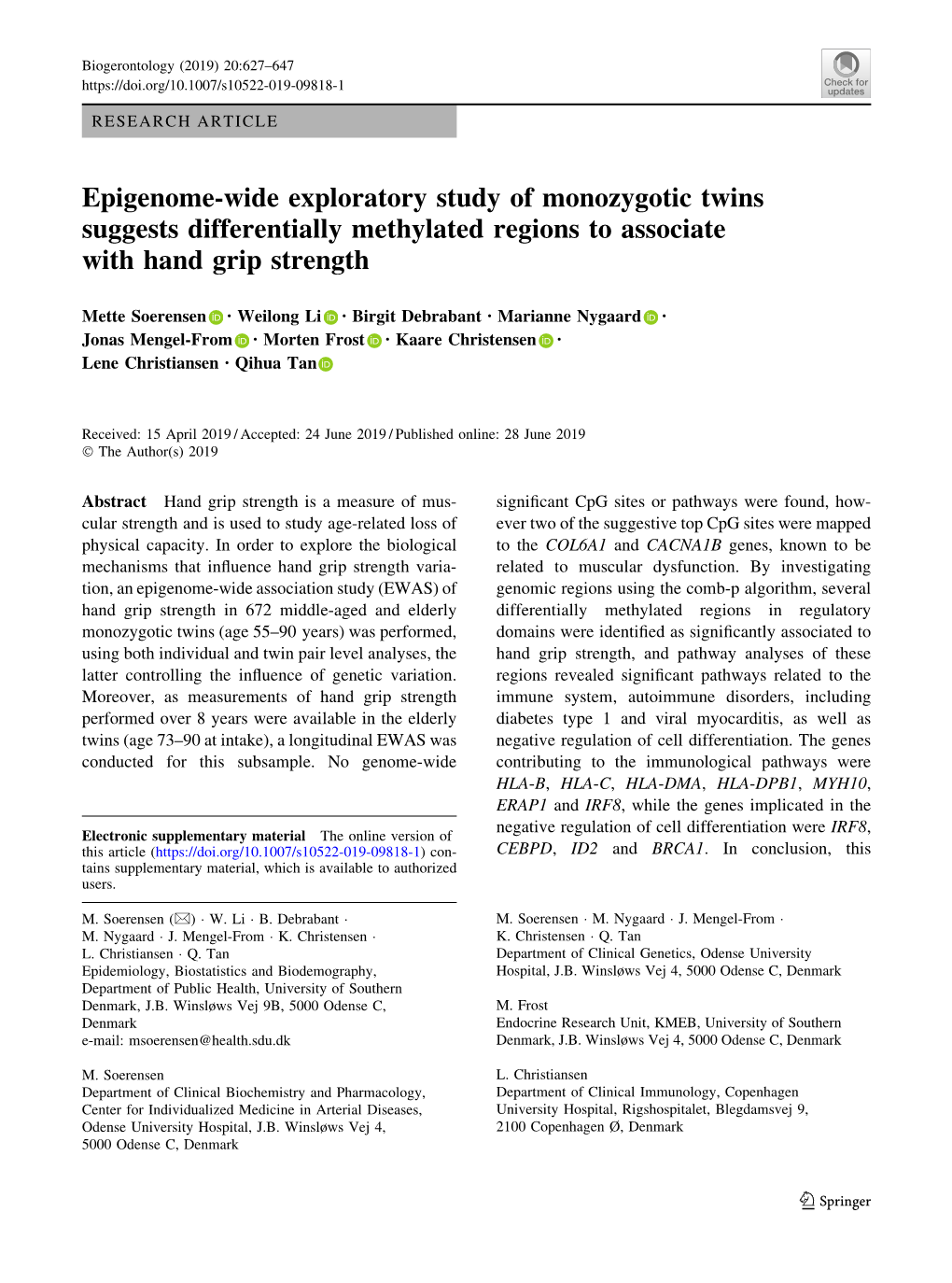 Epigenome-Wide Exploratory Study of Monozygotic Twins Suggests Differentially Methylated Regions to Associate with Hand Grip Strength