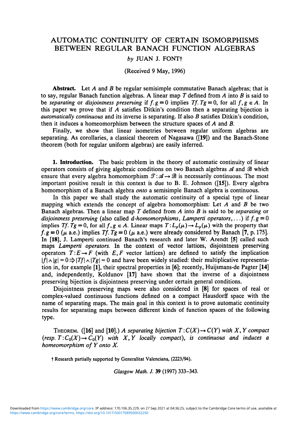AUTOMATIC CONTINUITY of CERTAIN ISOMORPHISMS BETWEEN REGULAR BANACH FUNCTION ALGEBRAS by JUAN J