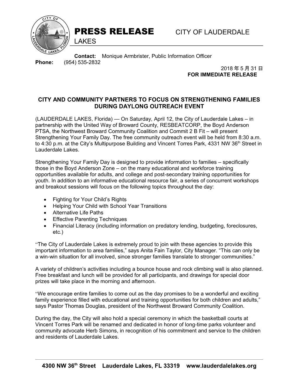 Press Release City of Lauderdale Lakes