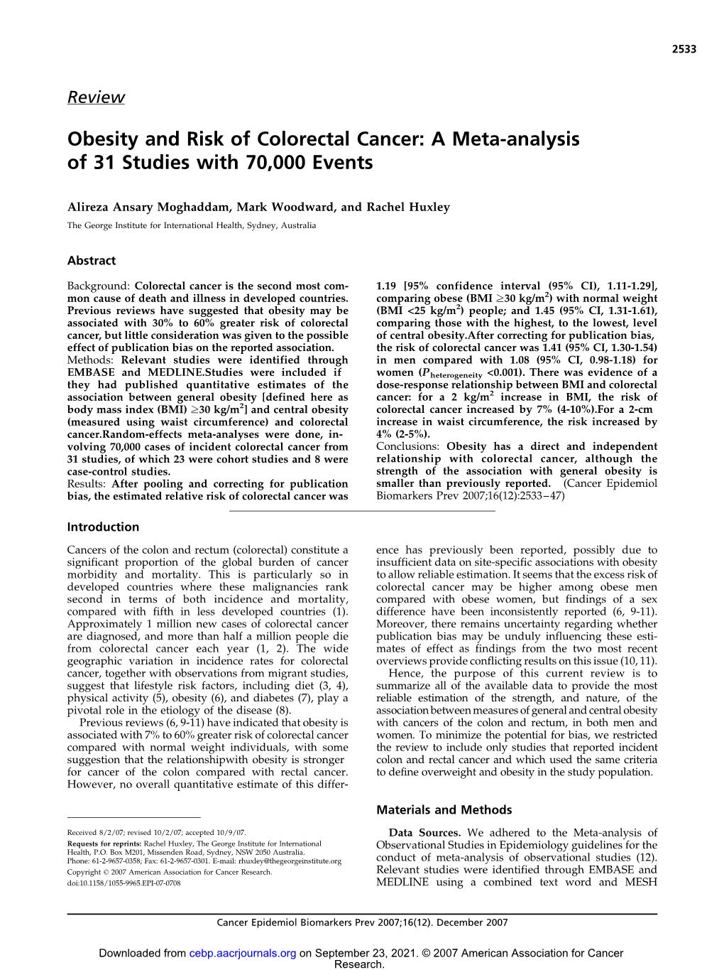 Obesity and Risk of Colorectal Cancer: a Meta-Analysis of 31 Studies with 70,000 Events