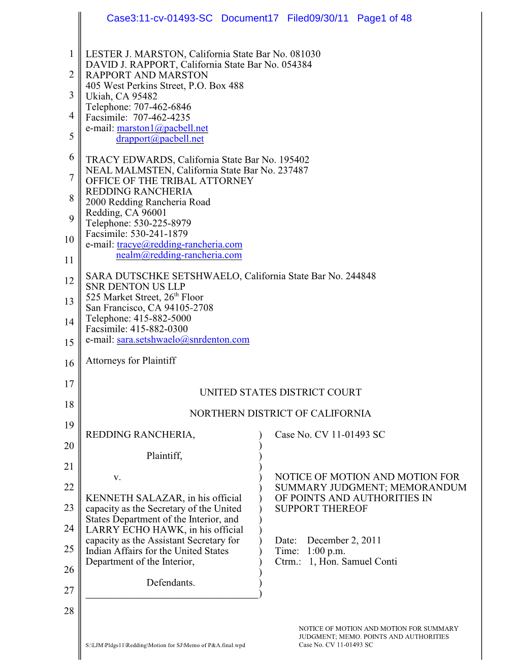 Redding Rancheria Motion for Summary J