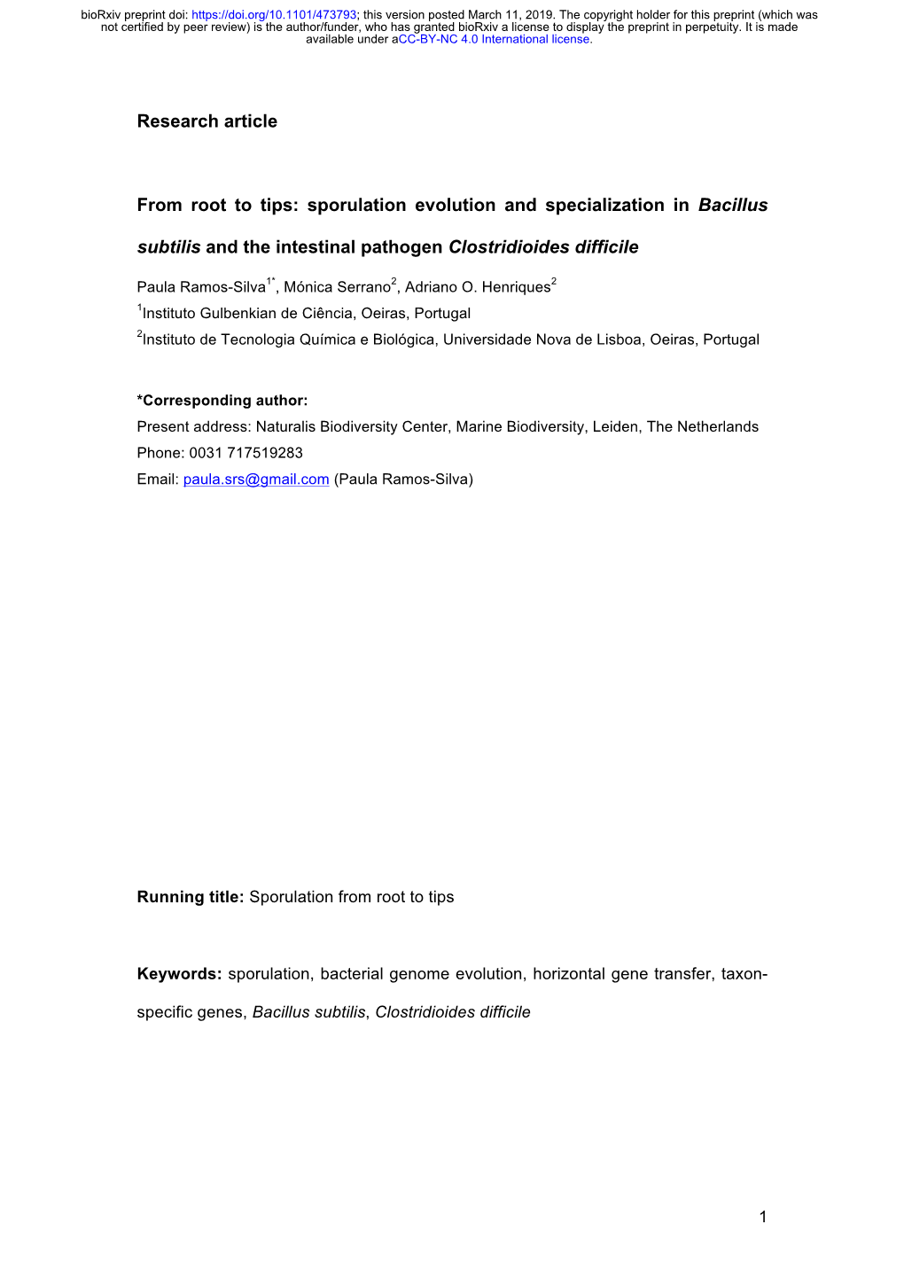 Sporulation Evolution and Specialization in Bacillus