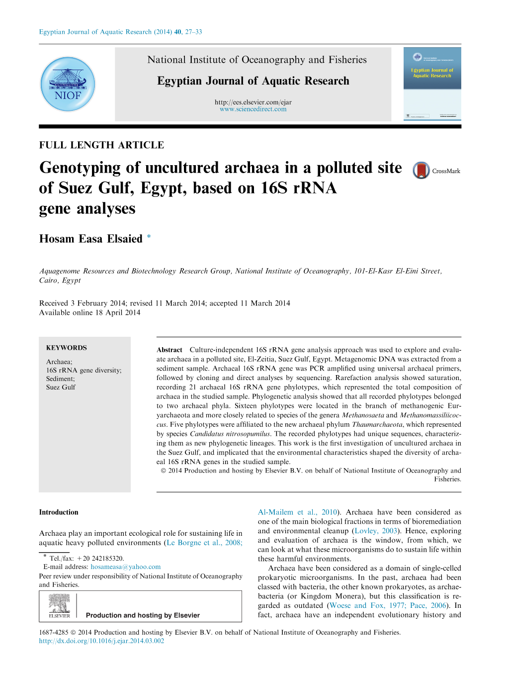 Genotyping of Uncultured Archaea in a Polluted Site of Suez Gulf, Egypt, Based on 16S Rrna Gene Analyses