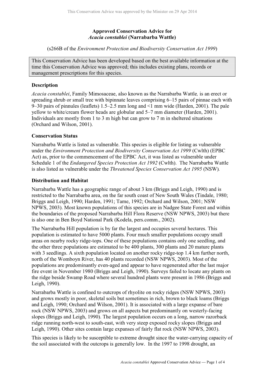 Approved Conservation Advice for Acacia Constablei (Narrabarba Wattle)