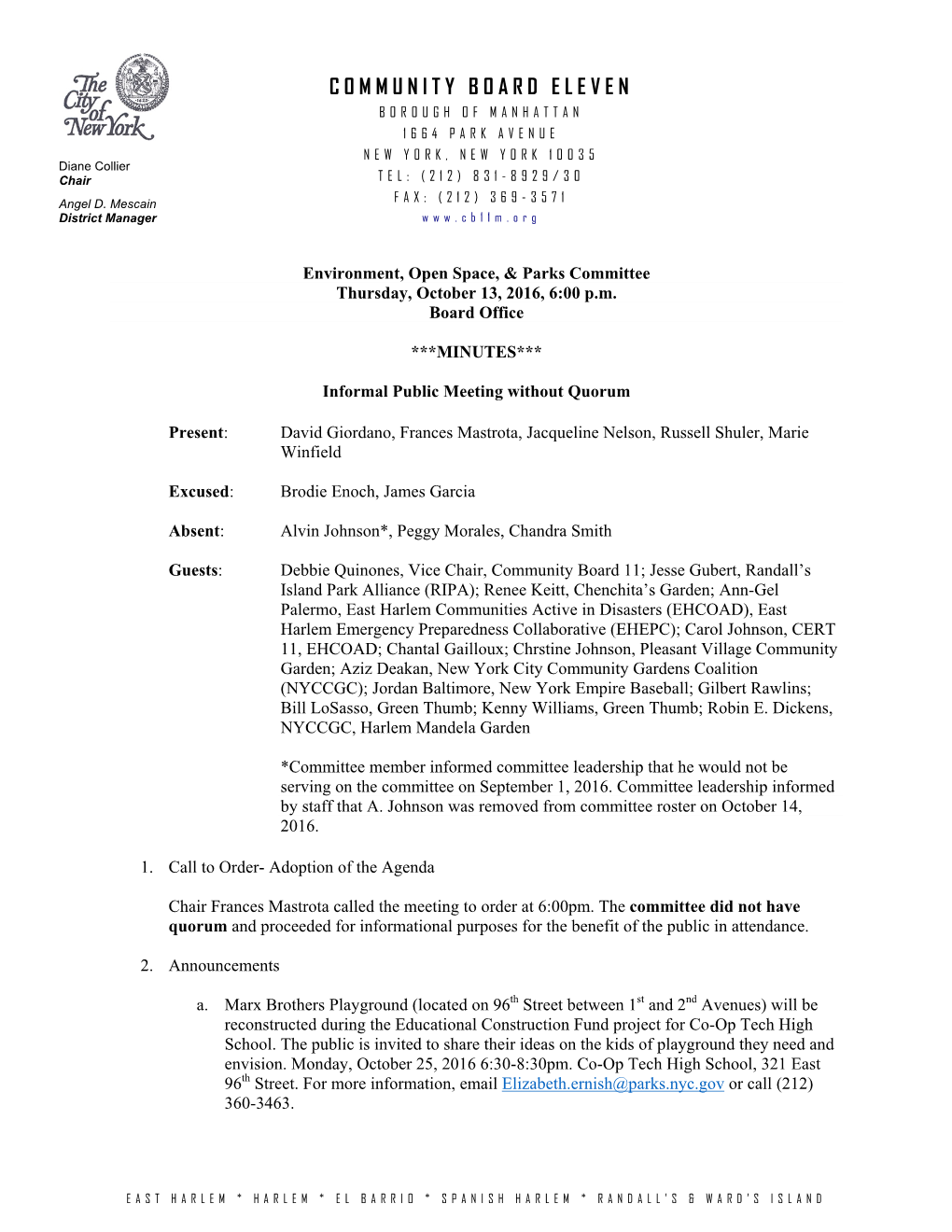 NYC Parks Department List of Capital Projects for FY18 Budget in Community District 11 That Need Funding (See Attached)