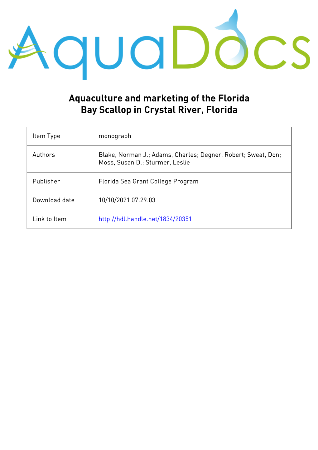 Aquaculture and Marketing of the Florida Bay Scallop in Crystal River, Florida