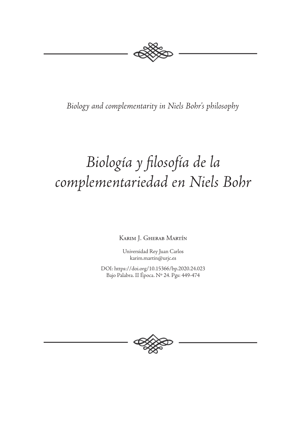 Biología Y Filosofía De La Complementariedad En Niels Bohr