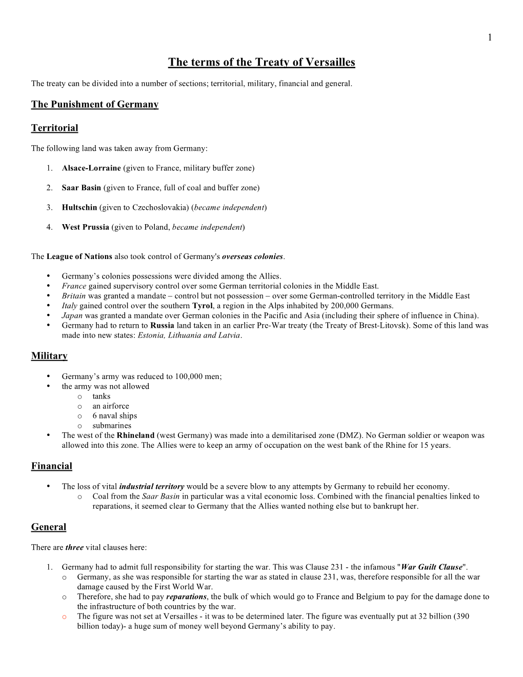 The Terms of the Treaty of Versailles