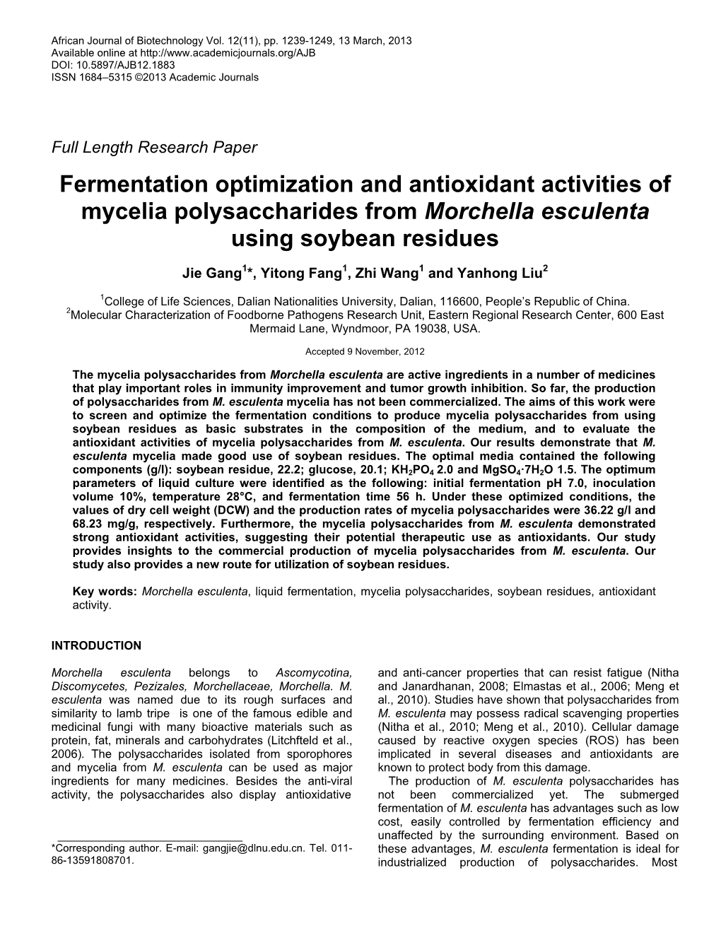 Fermentation Optimization and Antioxidant Activities of Mycelia Polysaccharides from Morchella Esculenta Using Soybean Residues