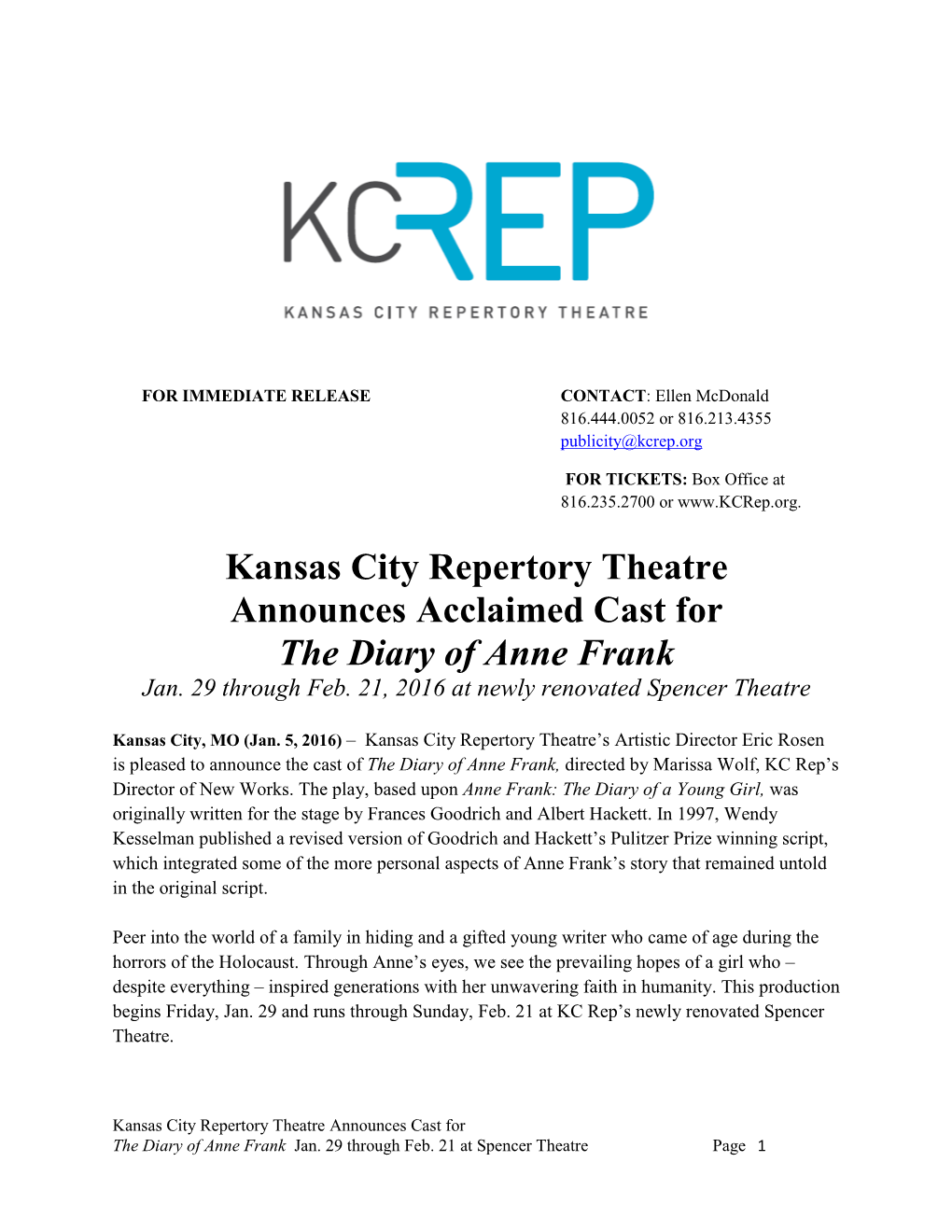 Kansas City Repertory Theatre Announces Acclaimed Cast for the Diary of Anne Frank Jan