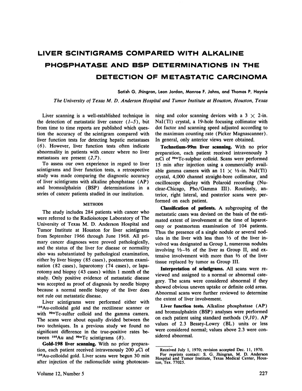 Liver Scintigrams Compared with Alkaline Phosphatase and Bsp Determinations in the Detection of Metastatic Carcinoma