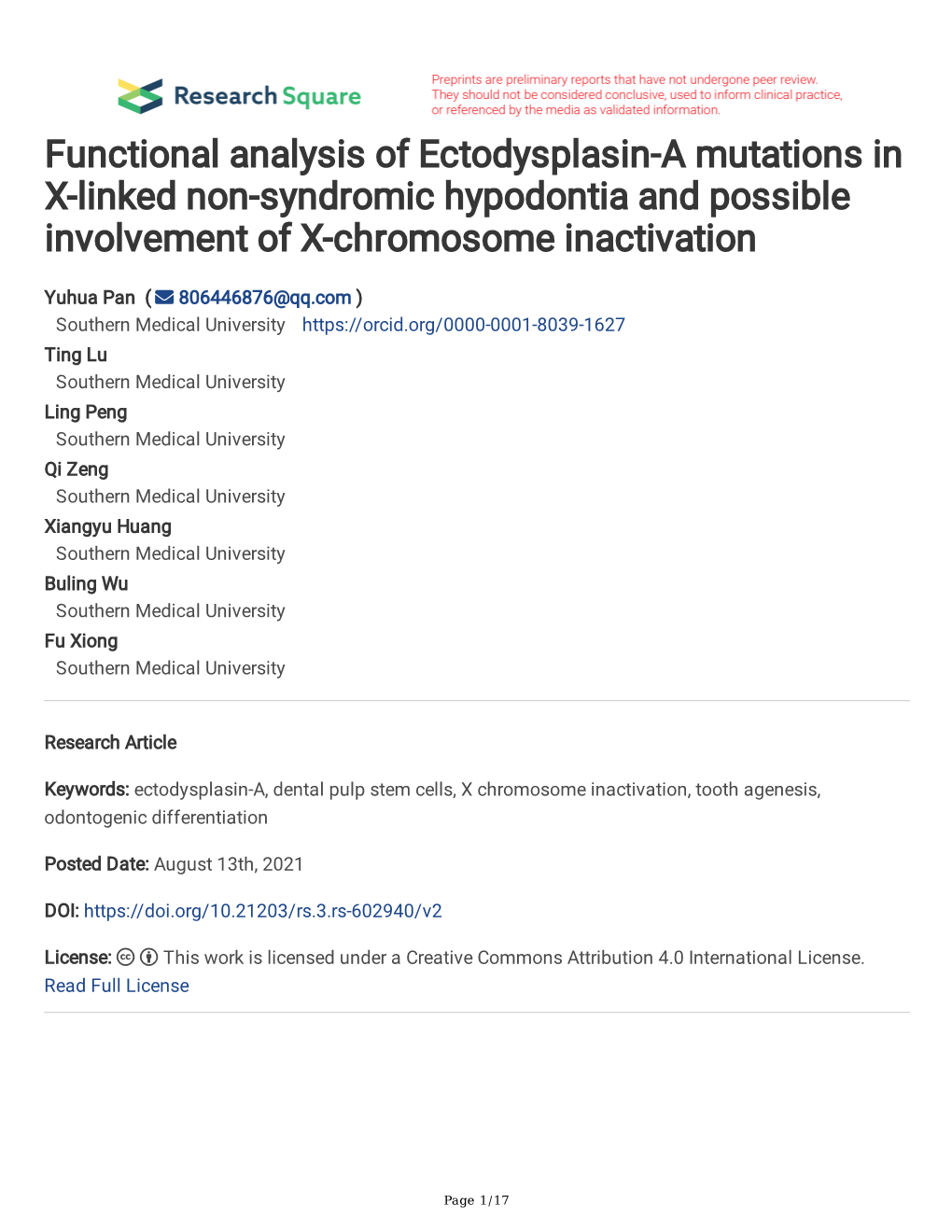 Functional Analysis of Ectodysplasin-A Mutations in X-Linked Non-Syndromic Hypodontia and Possible Involvement of X-Chromosome Inactivation