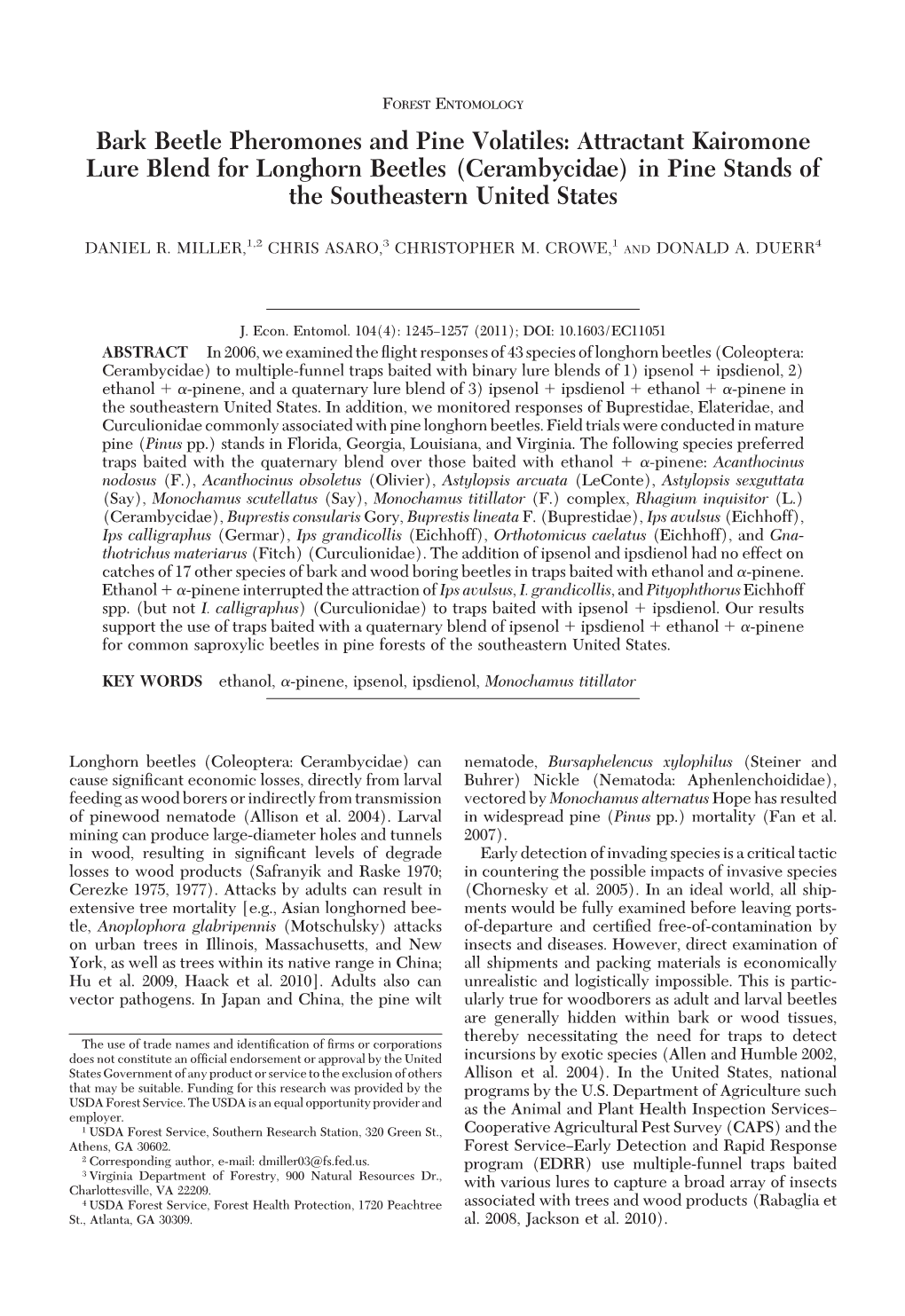 Bark Beetle Pheromones and Pine Volatiles: Attractant Kairomone Lure Blend for Longhorn Beetles (Cerambycidae) in Pine Stands of the Southeastern United States