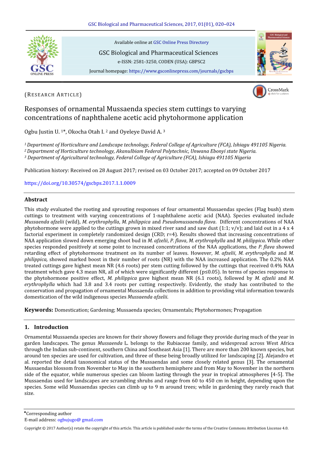 Responses of Ornamental Mussaenda Species Stem Cuttings to Varying Concentrations of Naphthalene Acetic Acid Phytohormone Application