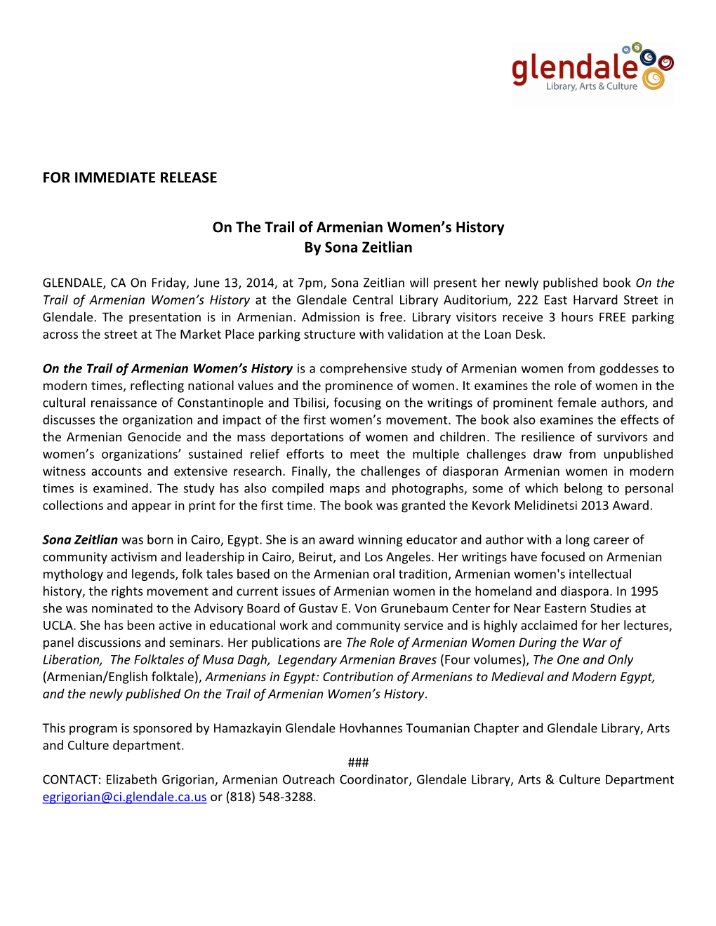 FOR IMMEDIATE RELEASE on the Trail of Armenian Women's History