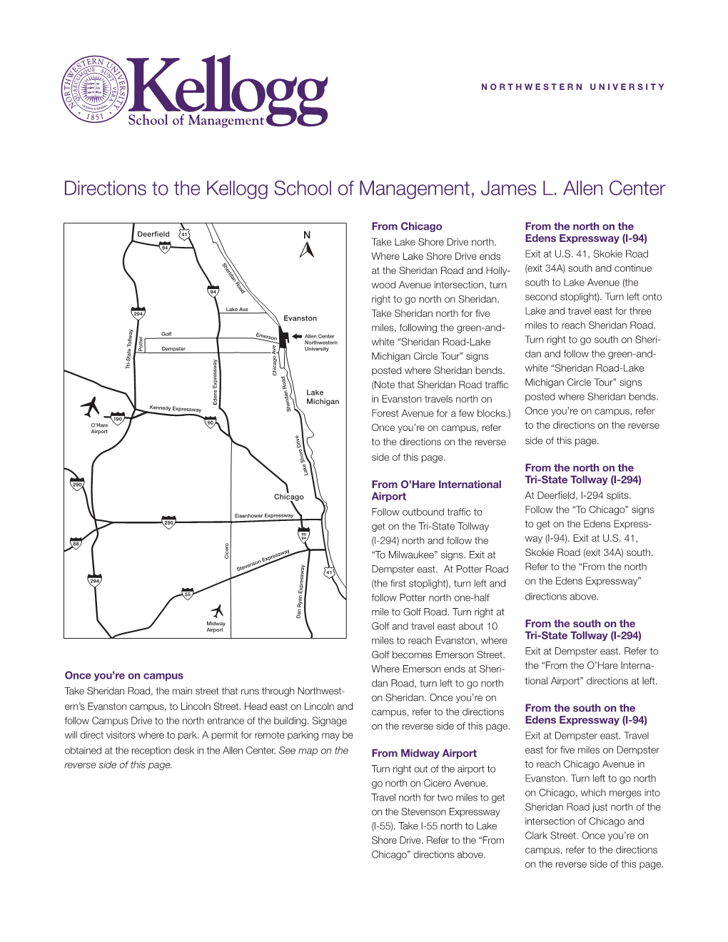 Directions to the Kellogg School of Management, James L. Allen Center