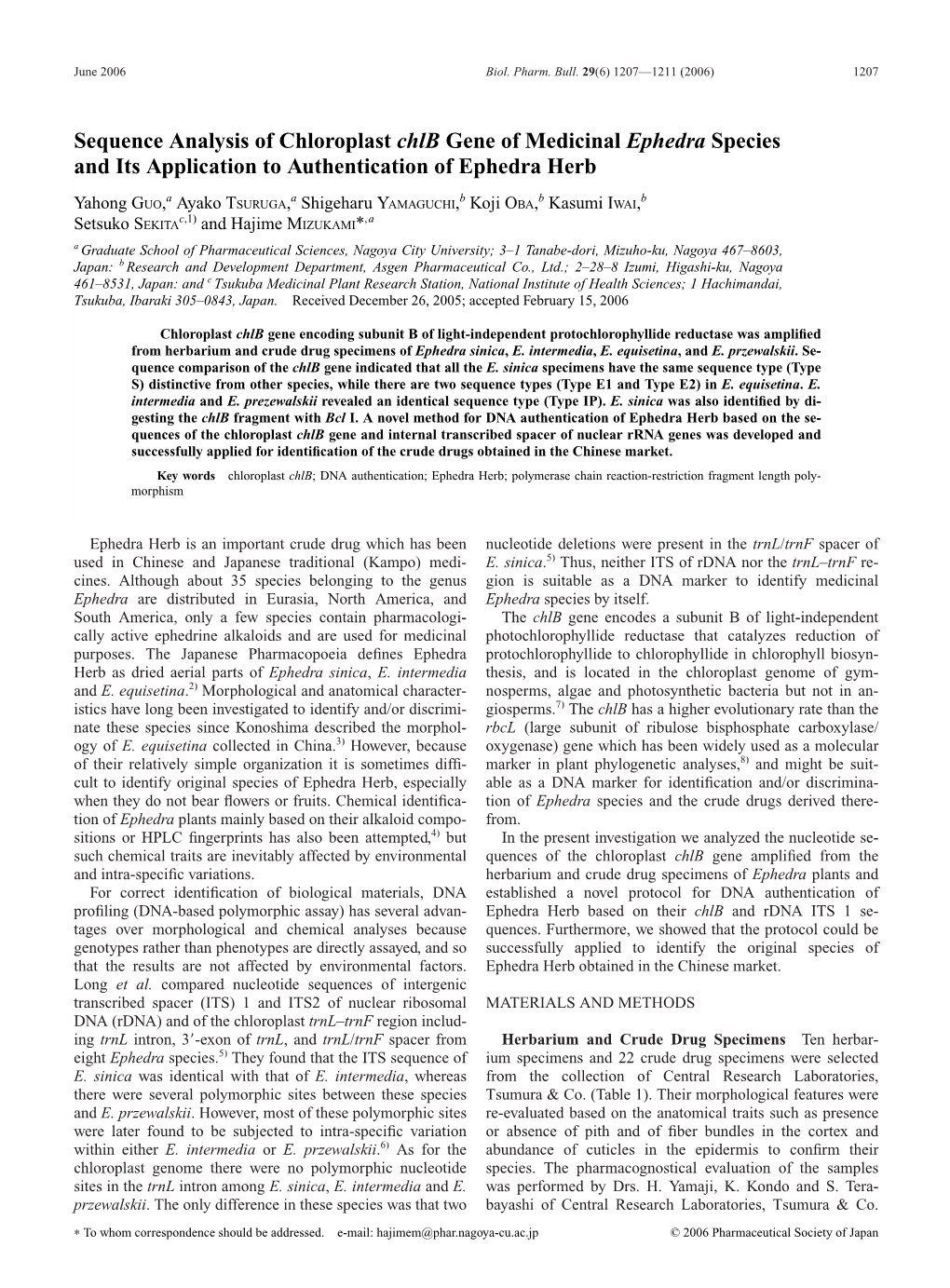 Sequence Analysis of Chloroplast Chlb Gene of Medicinal Ephedra Species and Its Application to Authentication of Ephedra Herb