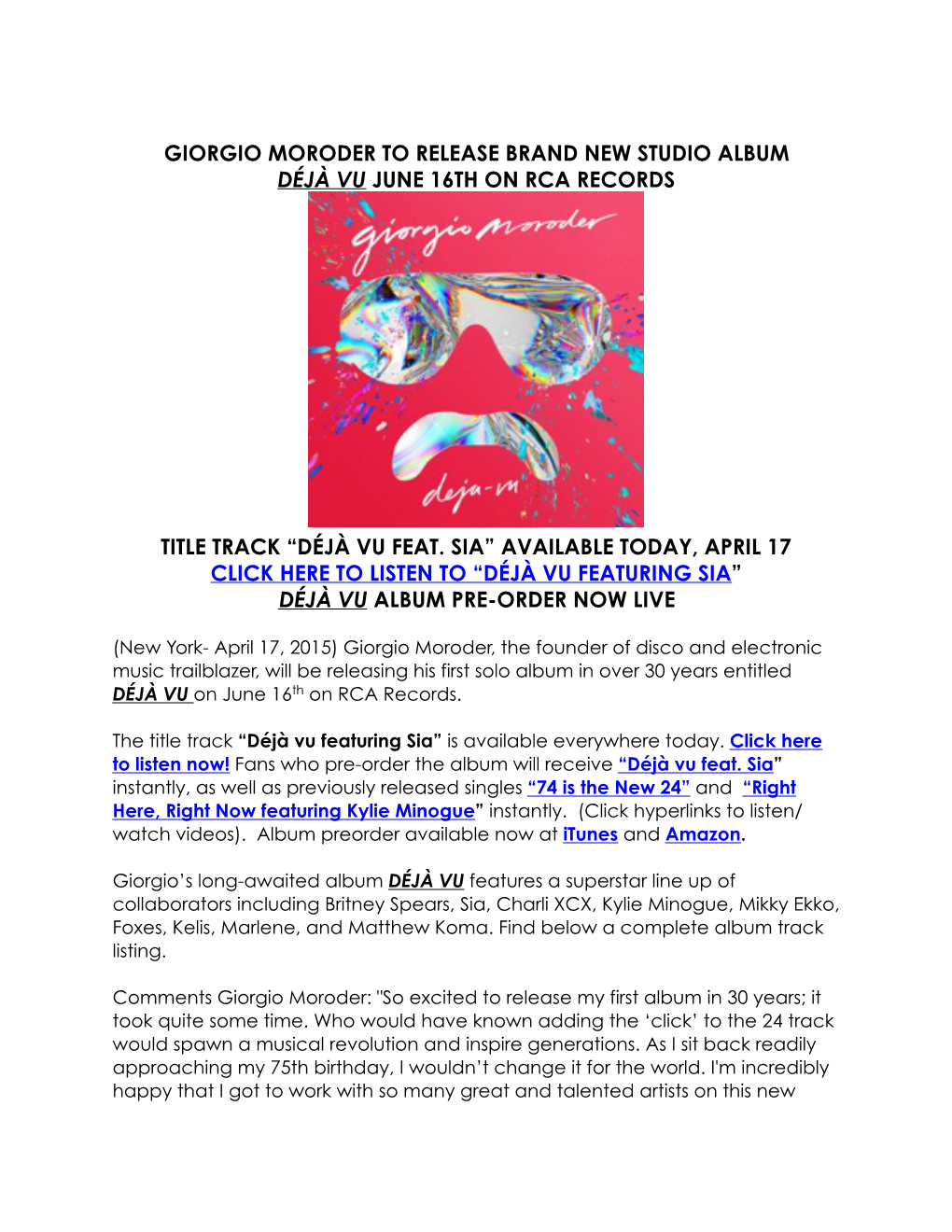 GIORGIO MORODER Album Announcement Press Release April