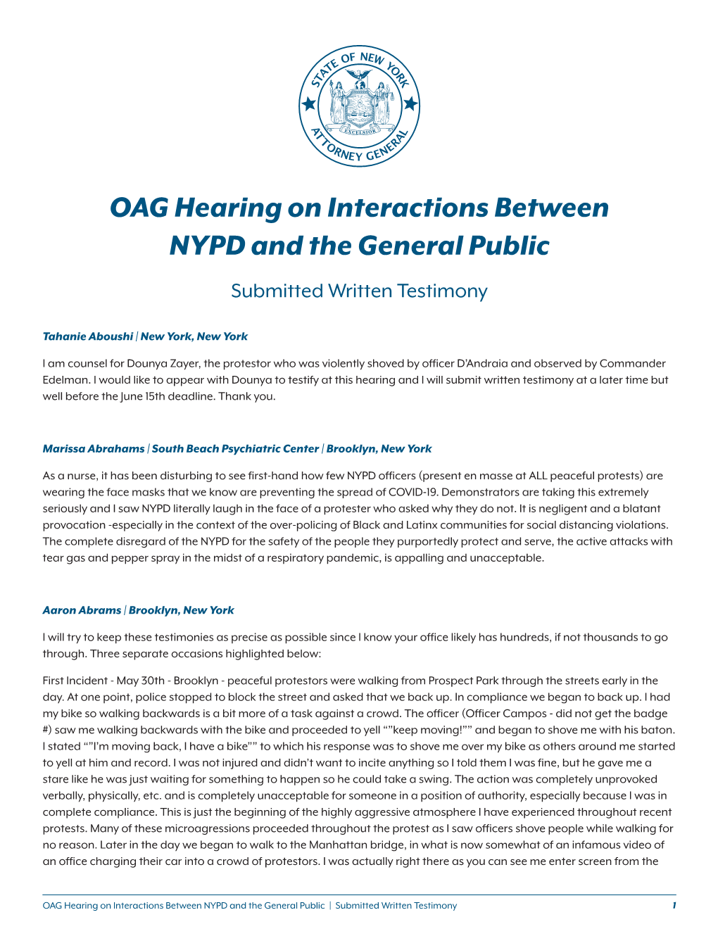 OAG Hearing on Interactions Between NYPD and the General Public Submitted Written Testimony