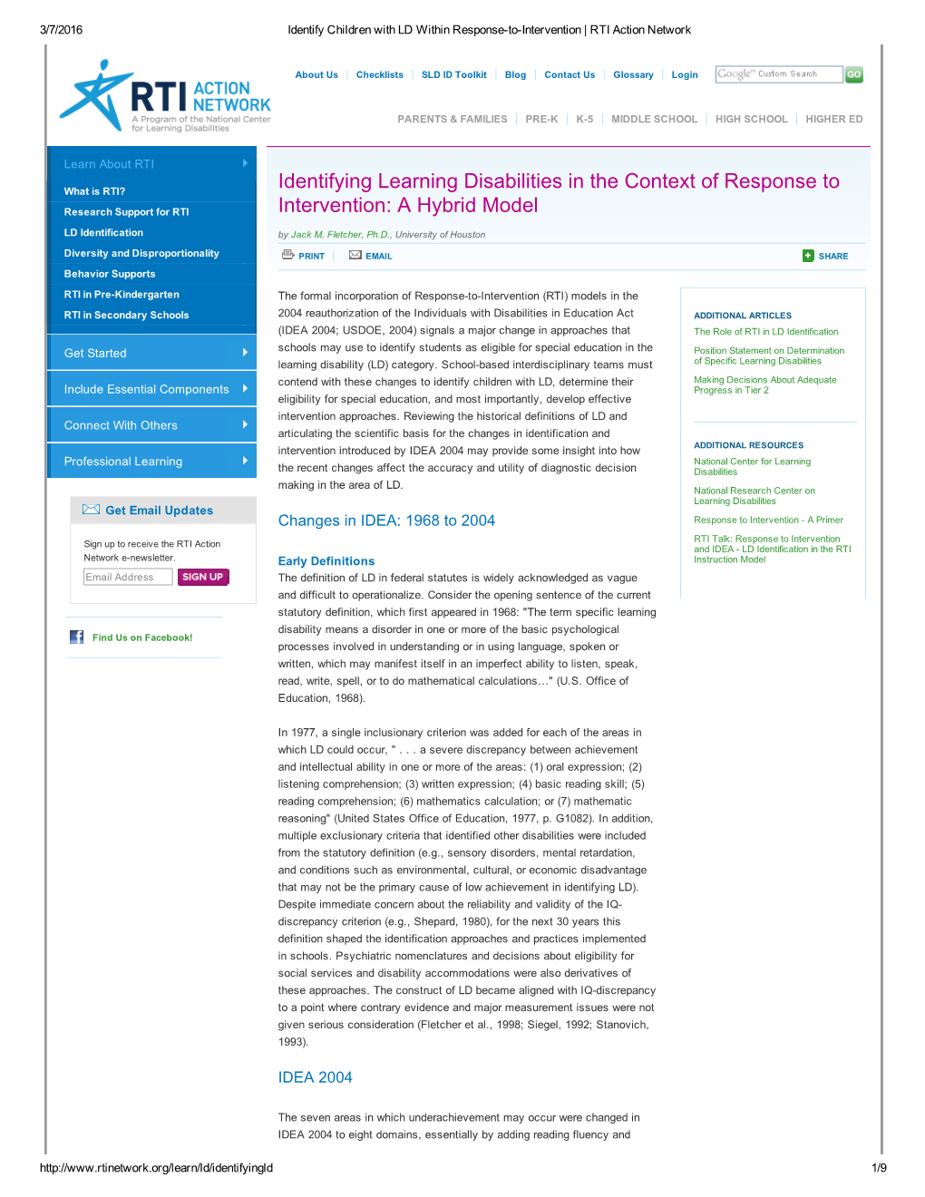 Identifying Learning Disabilities in the Context of Response to Intervention