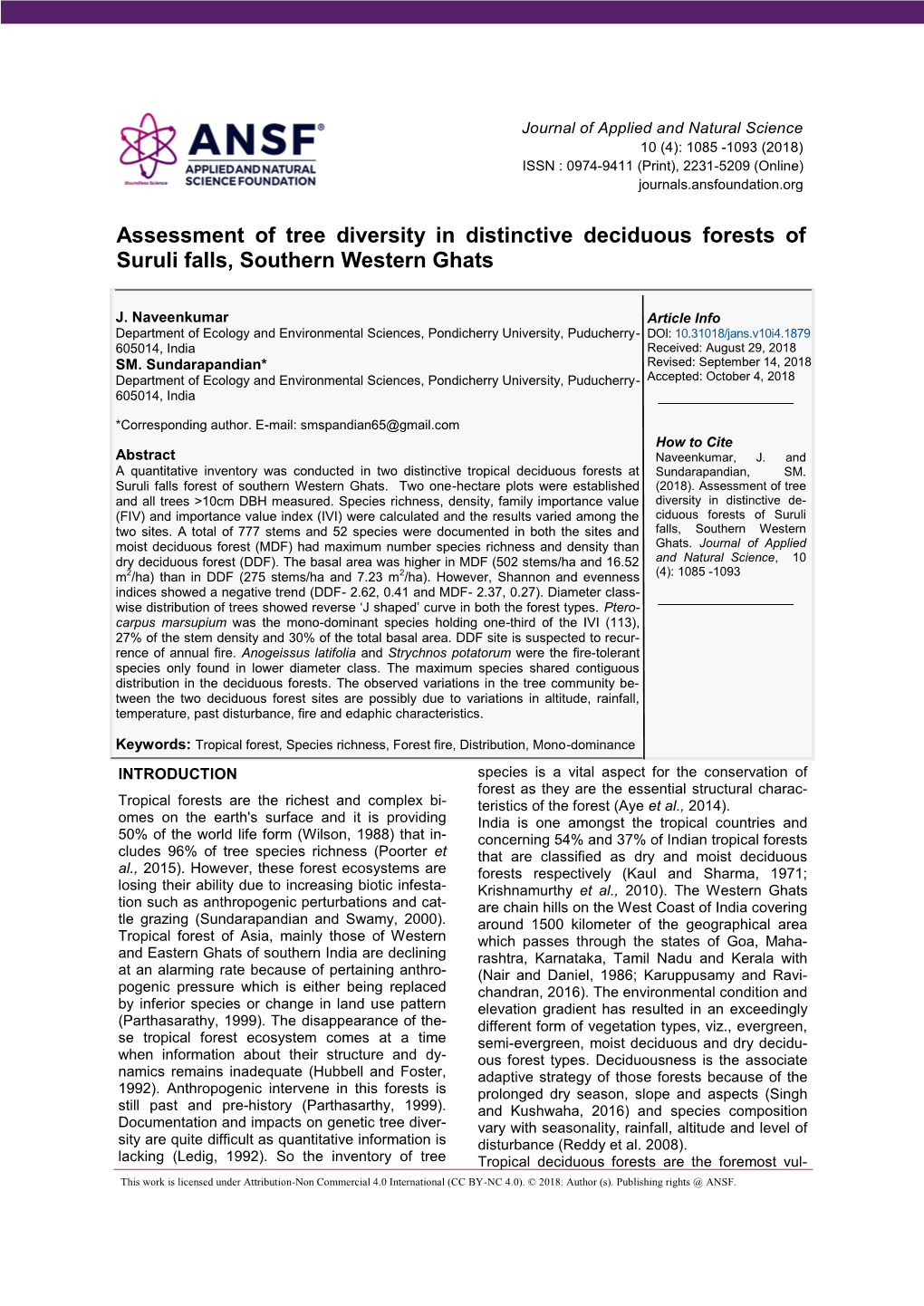 Assessment of Tree Diversity in Distinctive Deciduous Forests of Suruli Falls, Southern Western Ghats