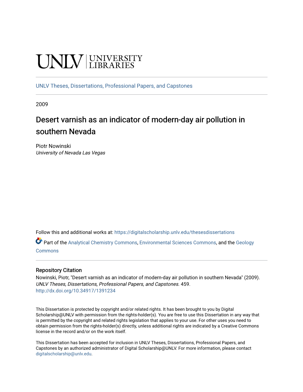 Desert Varnish As an Indicator of Modern-Day Air Pollution in Southern Nevada