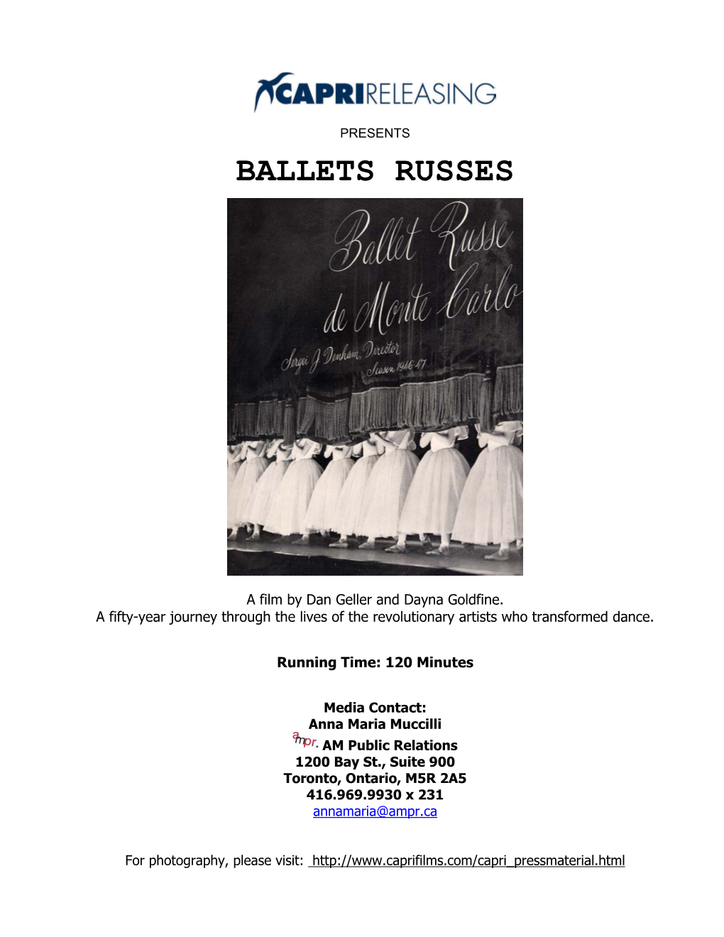 Press Kit for Ballets Russes, Presented by Capri Releasing