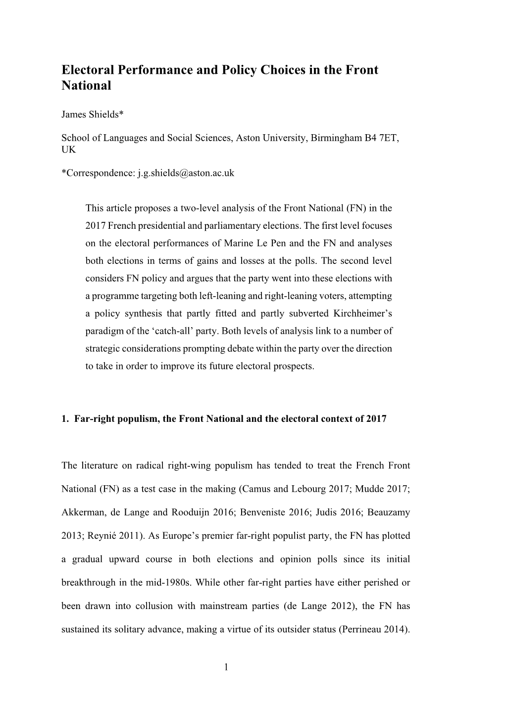 Electoral Performance and Policy Choices in the Front National