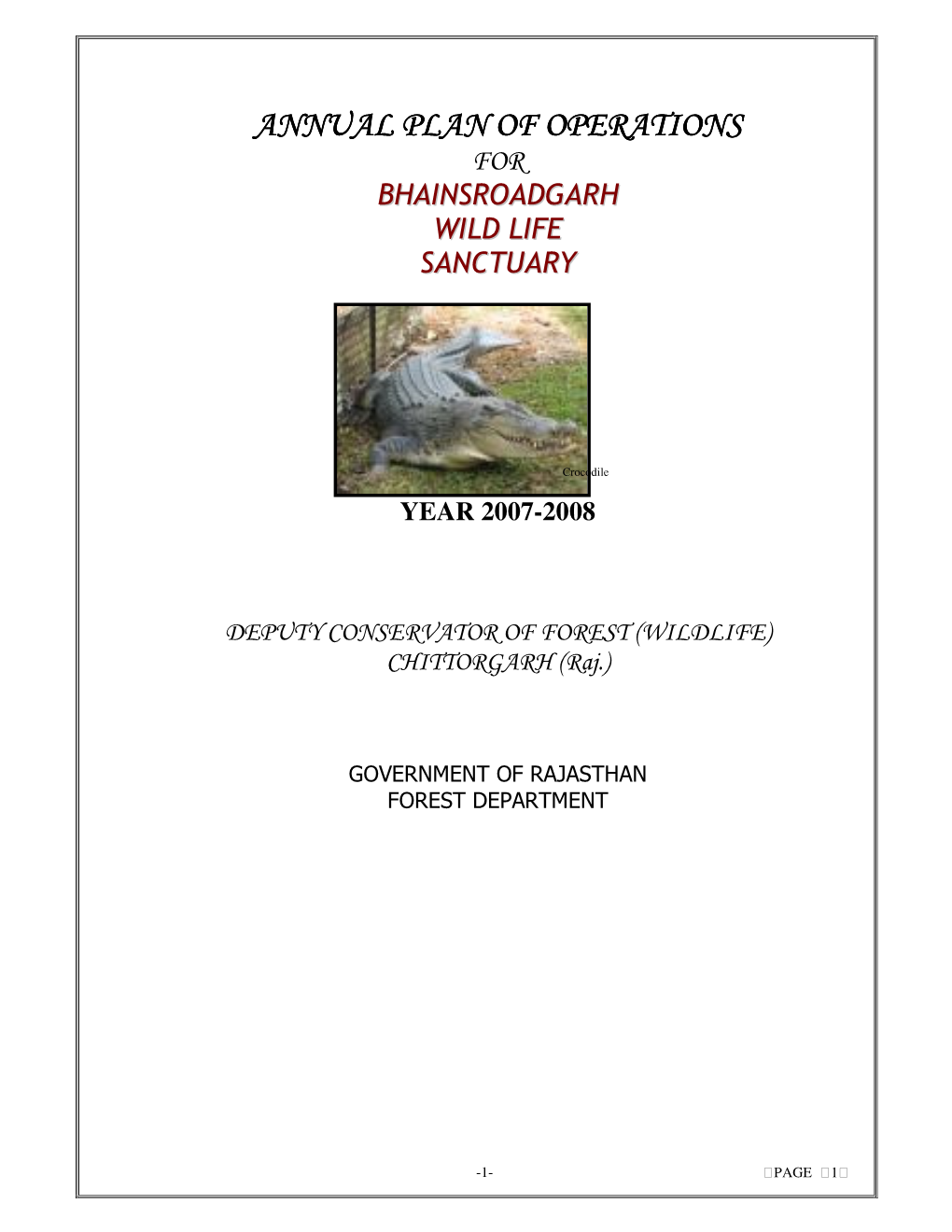 Annual Plan of Operation for Bhainsroadgarh Wildlife Sanctuary