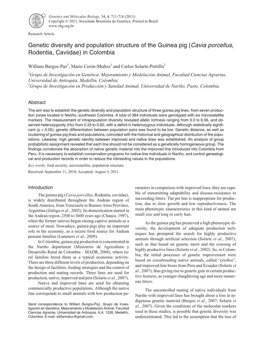 Genetic Diversity and Population Structure of the Guinea Pig (Cavia Porcellus, Rodentia, Caviidae) in Colombia